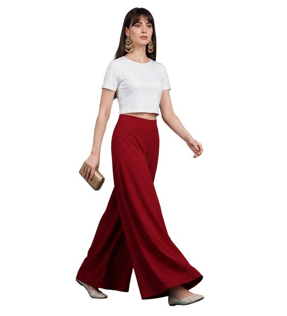 Alternative view of Women's Georgette Solid Mid-Rise Wide Leg Flared Palazzo with Elastic Waist (Maroon)