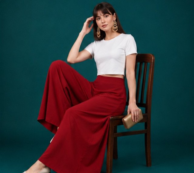 Women's Georgette Solid Mid-Rise Wide Leg Flared Palazzo with Elastic Waist (Maroon) - Image 3
