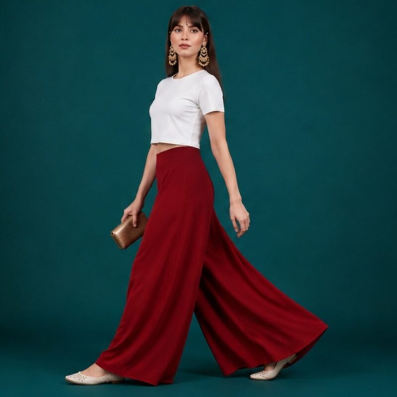 Women's Georgette Solid Mid-Rise Wide Leg Flared Palazzo with Elastic Waist (Maroon) - Image 4
