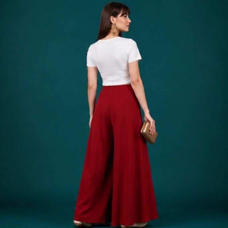 Women's Georgette Solid Mid-Rise Wide Leg Flared Palazzo with Elastic Waist (Maroon) - Image 5