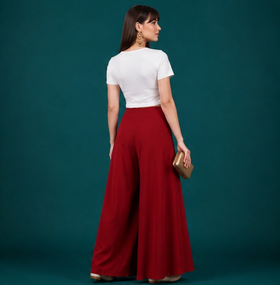 Women's Georgette Solid Mid-Rise Wide Leg Flared Palazzo with Elastic Waist (Maroon) - Image 5