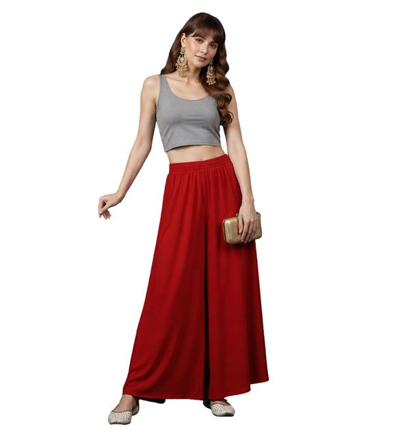 Alternative view of Women's Georgette Solid Mid-Rise Wide Leg Flared Palazzo with Elastic Waist (Red)