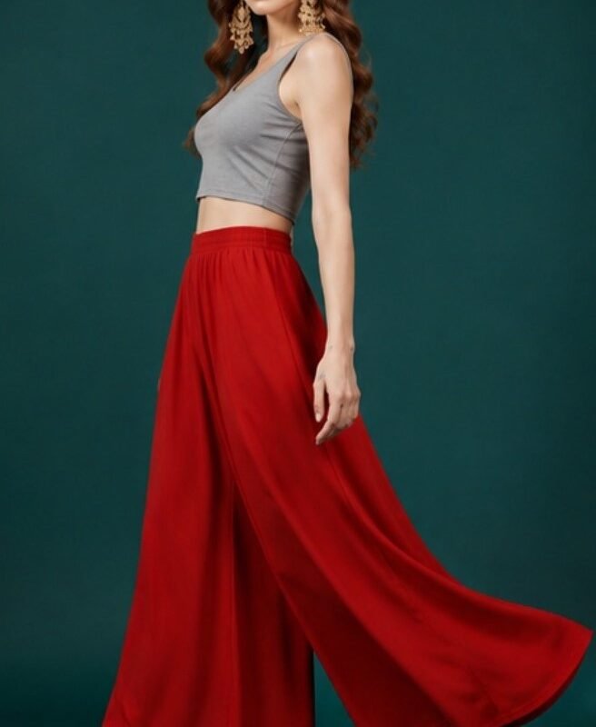 Women's Georgette Solid Mid-Rise Wide Leg Flared Palazzo with Elastic Waist (Red) - Image 4