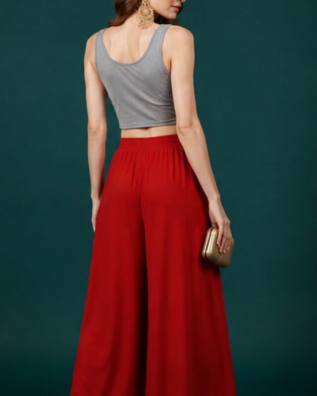 Women's Georgette Solid Mid-Rise Wide Leg Flared Palazzo with Elastic Waist (Red) - Image 5