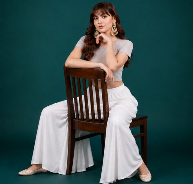 Women's Georgette Solid Mid-Rise Wide Leg Flared Palazzo with Elastic Waist (White) - Image 3