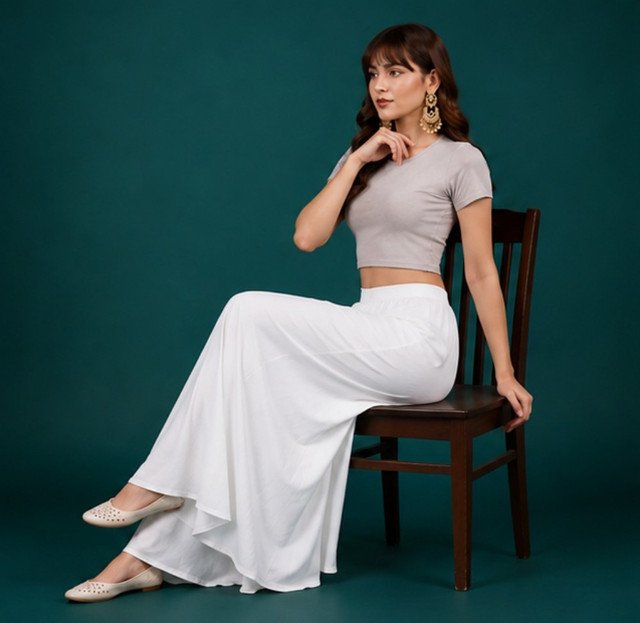 Women's Georgette Solid Mid-Rise Wide Leg Flared Palazzo with Elastic Waist (White) - Image 4