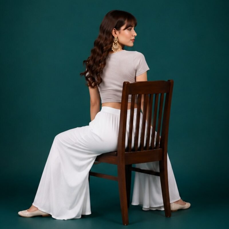 Women's Georgette Solid Mid-Rise Wide Leg Flared Palazzo with Elastic Waist (White) - Image 5
