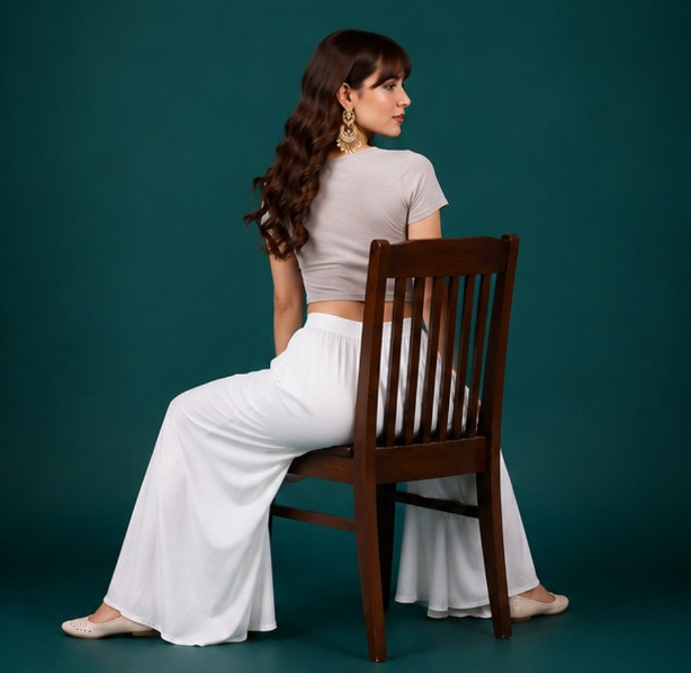 Women's Georgette Solid Mid-Rise Wide Leg Flared Palazzo with Elastic Waist (White) - Image 5
