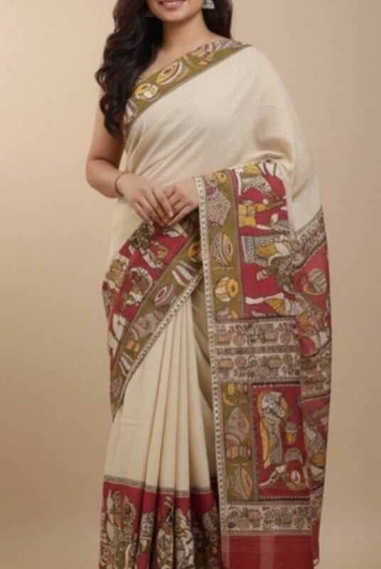 Women's Linen Kalamkari Printed Saree With Unstitched Blouse - 5.5 Mtr (Beige)