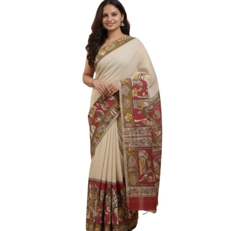 Women's Linen Kalamkari Printed Saree With Unstitched Blouse - 5.5 Mtr (Beige) - Image 2