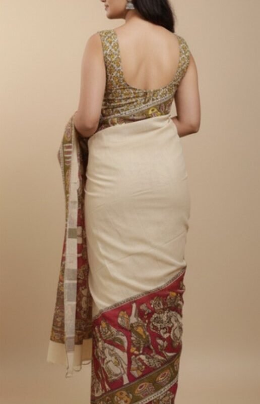 Women's Linen Kalamkari Printed Saree With Unstitched Blouse - 5.5 Mtr (Beige) - Image 3
