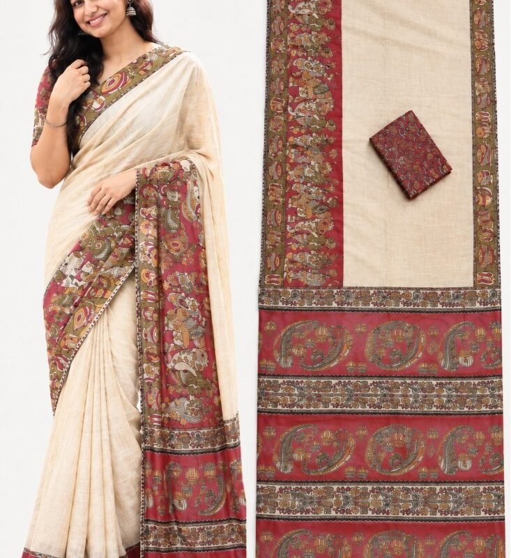Women's Linen Kalamkari Printed Saree With Unstitched Blouse - 5.5 Mtr (Beige) - Image 4