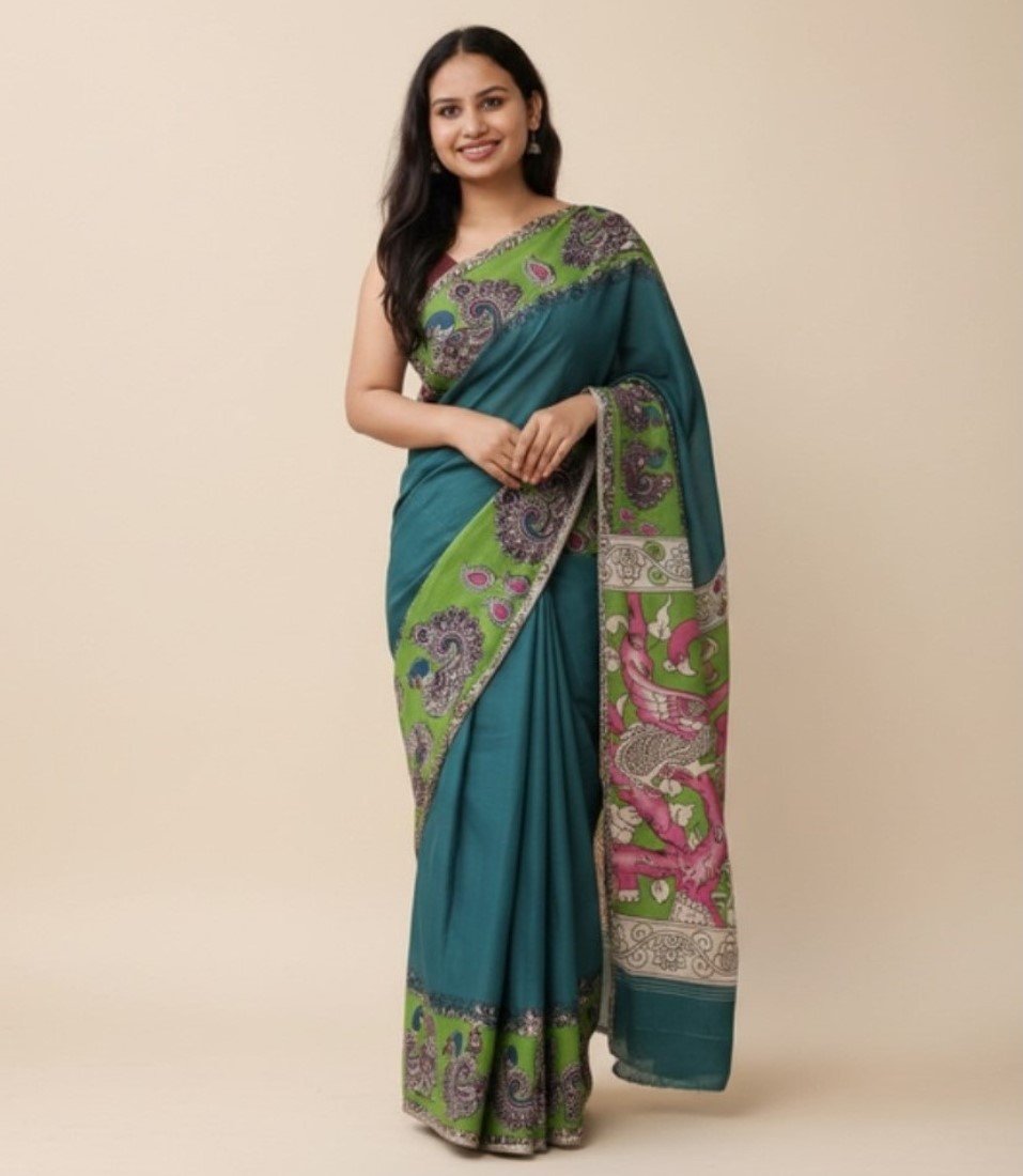 Women's Linen Kalamkari Printed Saree With Unstitched Blouse - 5.5 Mtr (Teal)