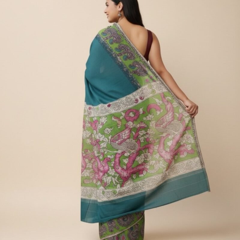 Women's Linen Kalamkari Printed Saree With Unstitched Blouse - 5.5 Mtr (Teal) - Image 3