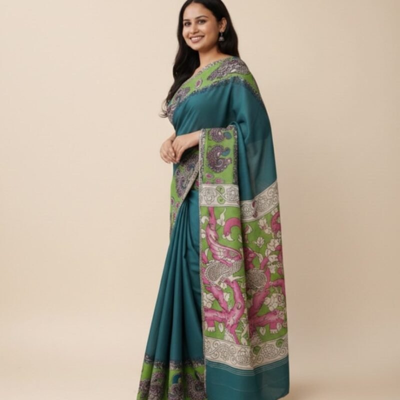 Women's Linen Kalamkari Printed Saree With Unstitched Blouse - 5.5 Mtr (Teal) - Image 4