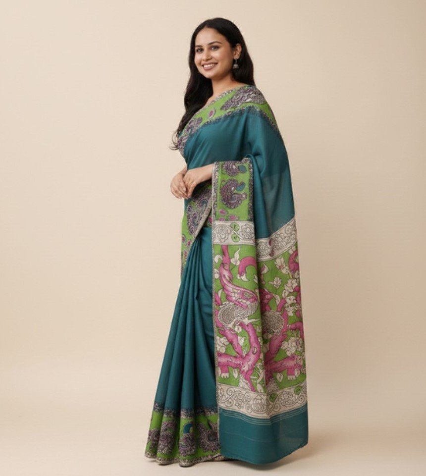 Women's Linen Kalamkari Printed Saree With Unstitched Blouse - 5.5 Mtr (Teal) - Image 4