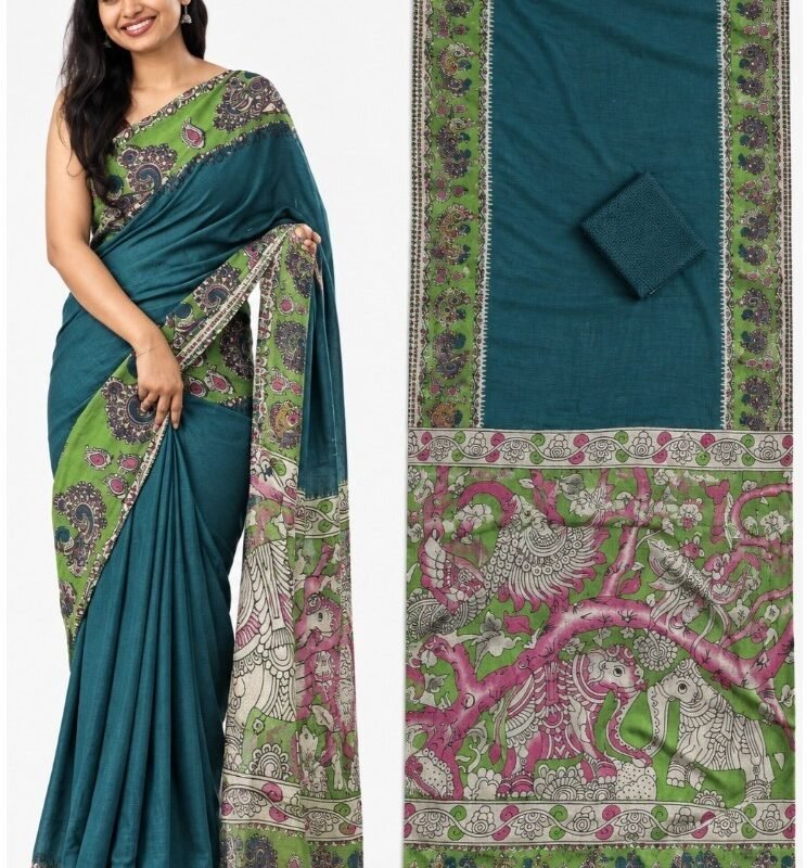 Women's Linen Kalamkari Printed Saree With Unstitched Blouse - 5.5 Mtr (Teal) - Image 5