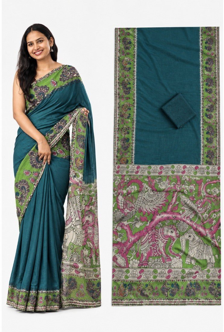 Women's Linen Kalamkari Printed Saree With Unstitched Blouse - 5.5 Mtr (Teal) - Image 5