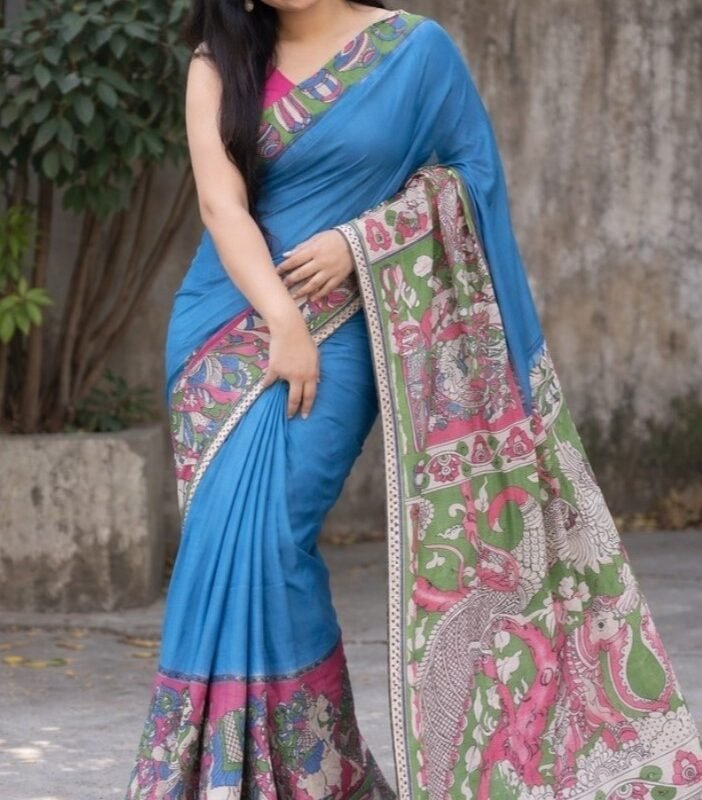 Women's Linen Kalamkari Printed Saree With Unstitched Blouse - 5.5 Mtr (Blue)