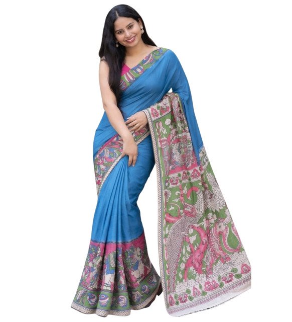 Women's Linen Kalamkari Printed Saree With Unstitched Blouse - 5.5 Mtr (Blue) - Image 2