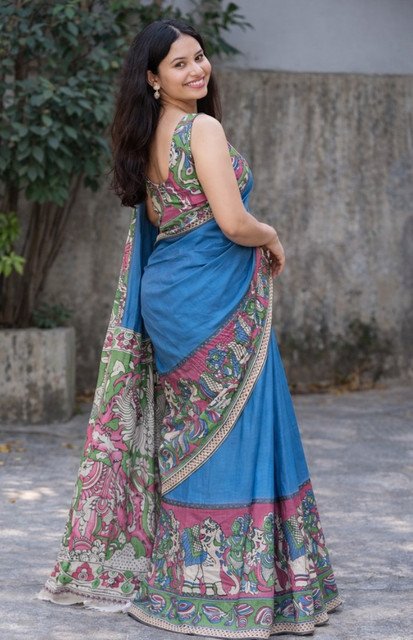Women's Linen Kalamkari Printed Saree With Unstitched Blouse - 5.5 Mtr (Blue) - Image 4