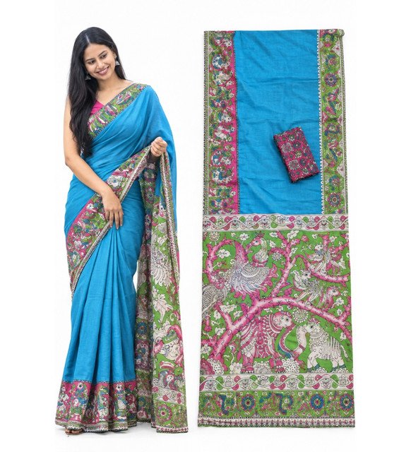 Women's Linen Kalamkari Printed Saree With Unstitched Blouse - 5.5 Mtr (Blue) - Image 5