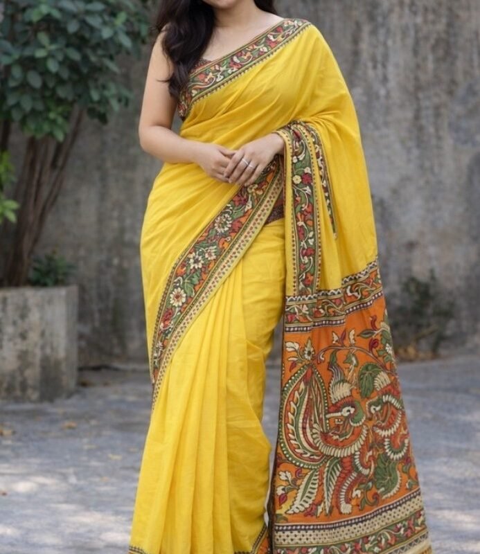 Women's Linen Kalamkari Printed Saree With Unstitched Blouse - 5.5 Mtr (Yellow)