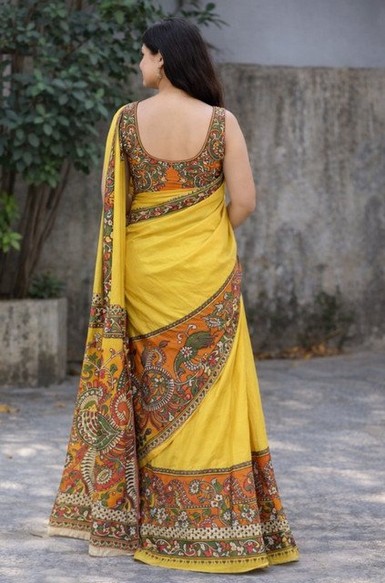 Women's Linen Kalamkari Printed Saree With Unstitched Blouse - 5.5 Mtr (Yellow) - Image 3