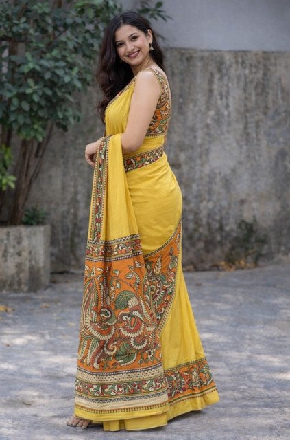 Women's Linen Kalamkari Printed Saree With Unstitched Blouse - 5.5 Mtr (Yellow) - Image 4