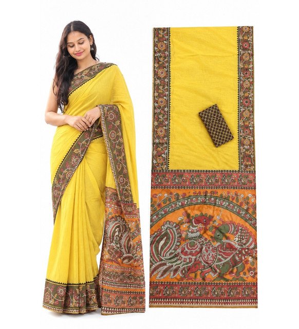 Women's Linen Kalamkari Printed Saree With Unstitched Blouse - 5.5 Mtr (Yellow) - Image 5
