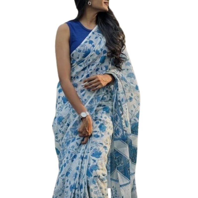 Women's Linen Floral Printeded Saree With Unstitched Blouse - 5.5 Mtr (White-Blue) - Image 2