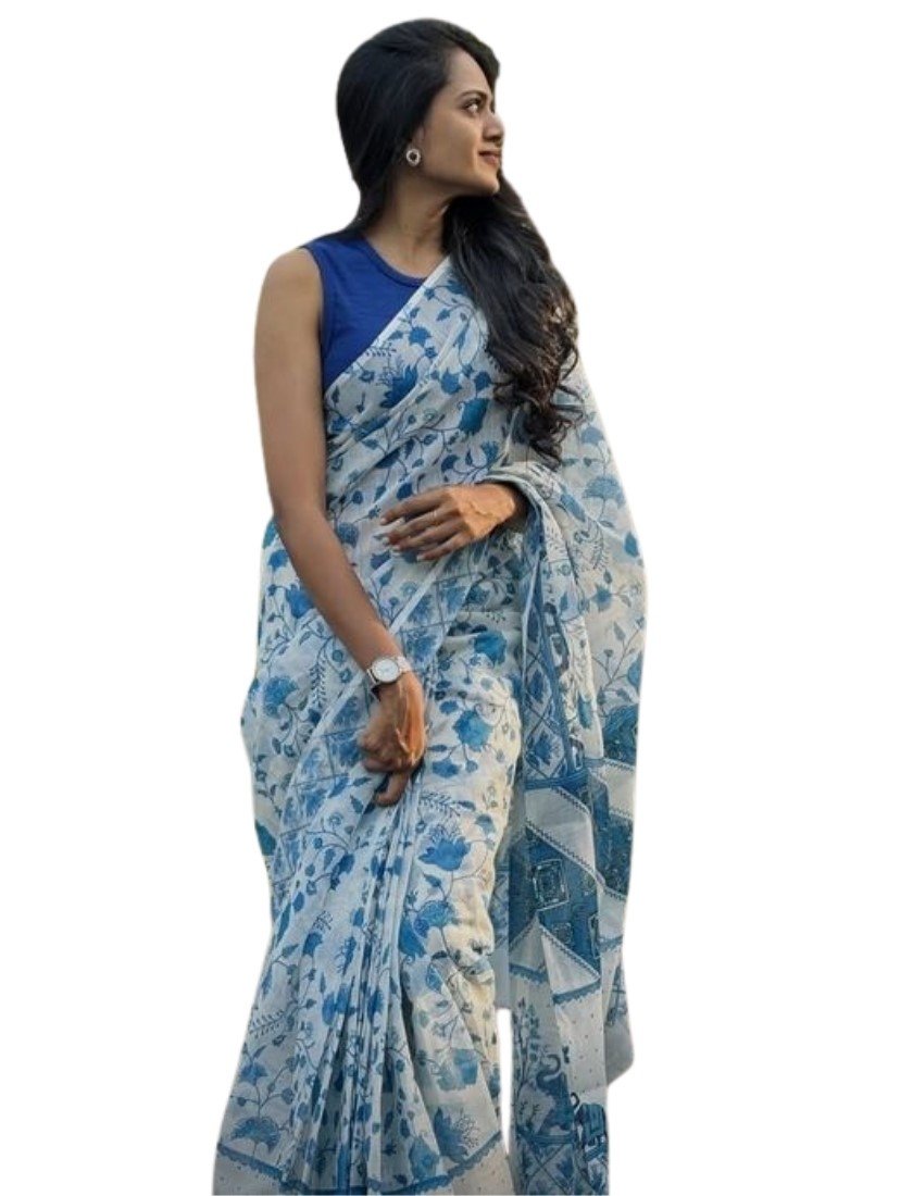 Women's Linen Floral Printeded Saree With Unstitched Blouse - 5.5 Mtr (White-Blue) - Image 2