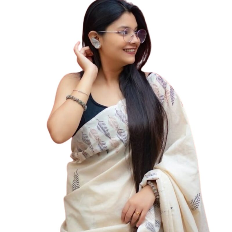 Women's Linen Printed Saree With Unstitched Blouse - 5.5 Mtr (Cream) - Image 2