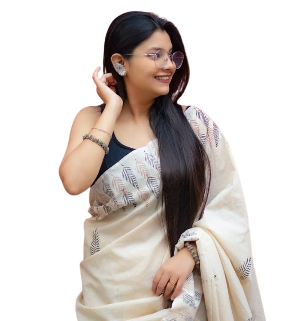 Women's Linen Printed Saree With Unstitched Blouse - 5.5 Mtr (Cream) - Image 2