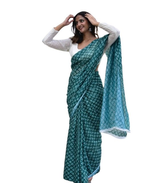 Women's Linen Floral Printed Saree With Unstitched Blouse - 5.5 Mtr (Teal Green) - Image 2
