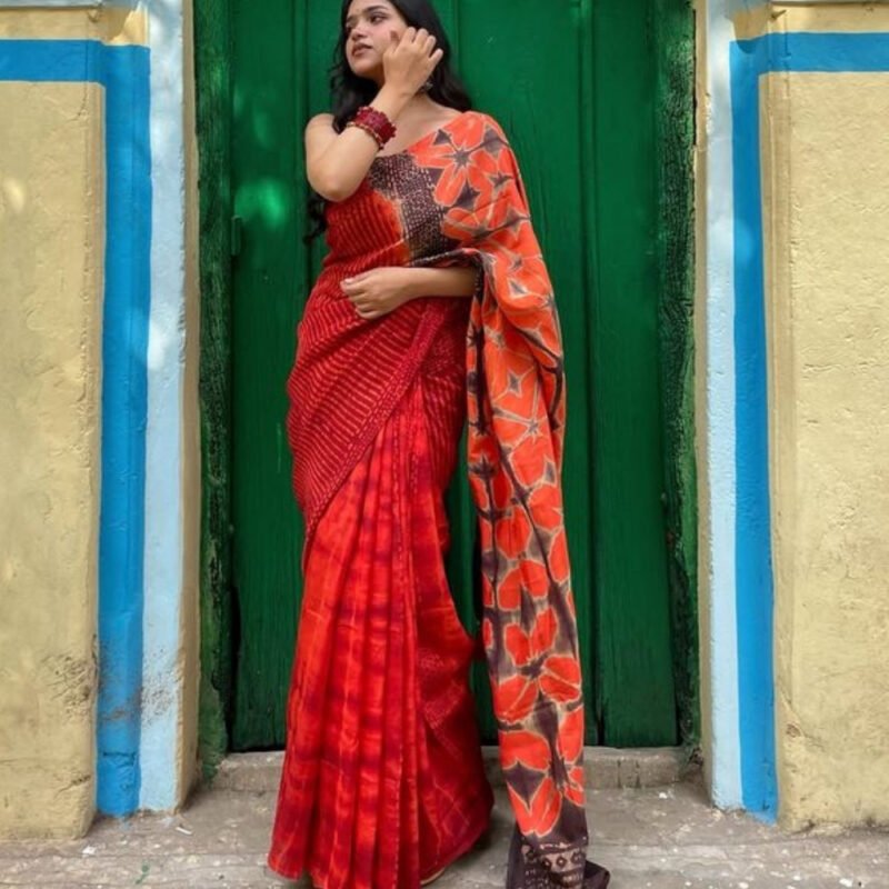 Women's Linen Floral Printed Saree With Unstitched Blouse - 5.5 Mtr (Red-Orange)