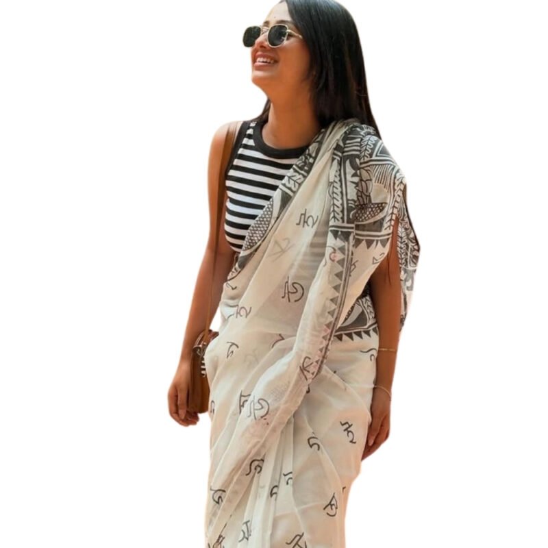 Women's Linen Kalamkari Printed Saree With Unstitched Blouse - 5.5 Mtr (White-Black) - Image 2