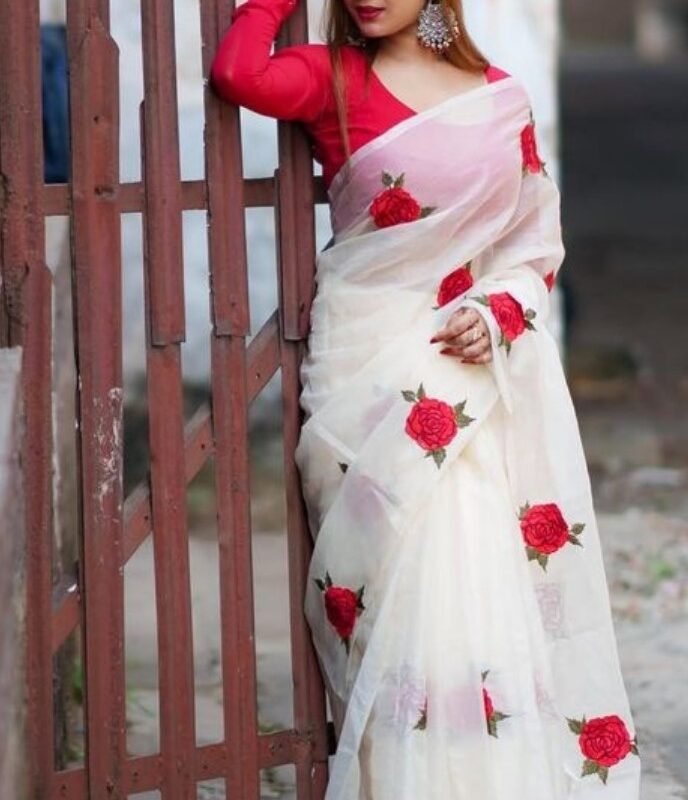 Women's Linen Floral Printed Saree With Unstitched Blouse - 5.5 Mtr (White-Red)