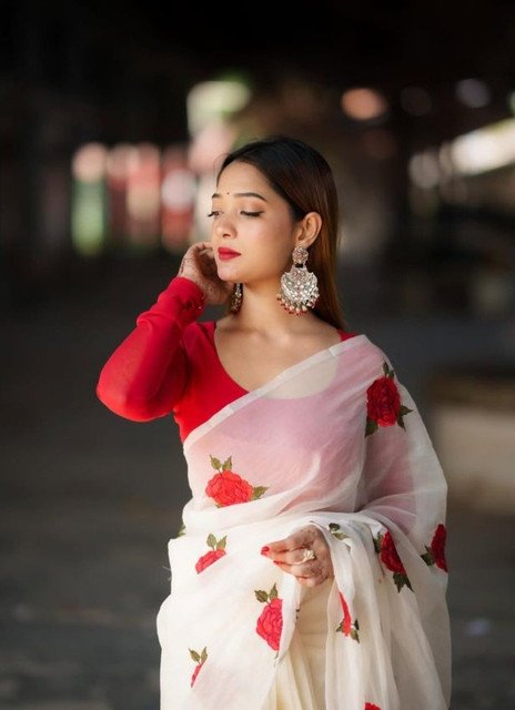 Women's Linen Floral Printed Saree With Unstitched Blouse - 5.5 Mtr (White-Red) - Image 5