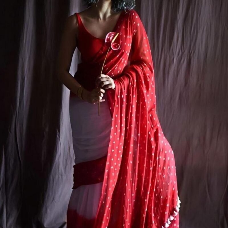 Women's Linen Printed Saree With Unstitched Blouse - 5.5 Mtr (White-Red) - Image 4