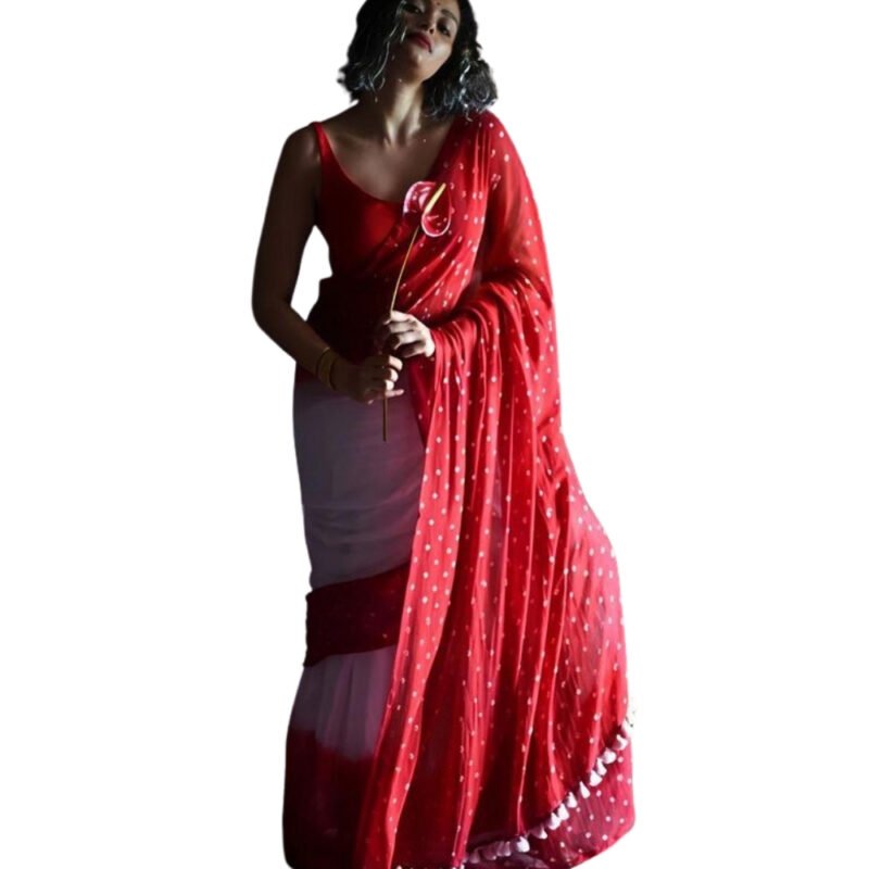 Women's Linen Printed Saree With Unstitched Blouse - 5.5 Mtr (White-Red) - Image 2