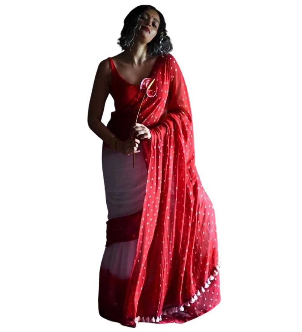 Women's Linen Printed Saree With Unstitched Blouse - 5.5 Mtr (White-Red) - Image 2