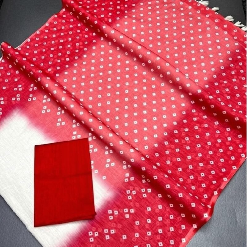 Women's Linen Printed Saree With Unstitched Blouse - 5.5 Mtr (White-Red) - Image 3