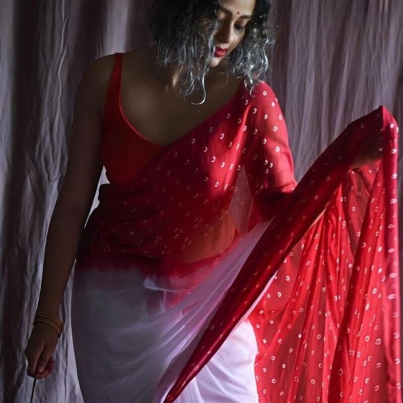 Women's Linen Printed Saree With Unstitched Blouse - 5.5 Mtr (White-Red) - Image 5