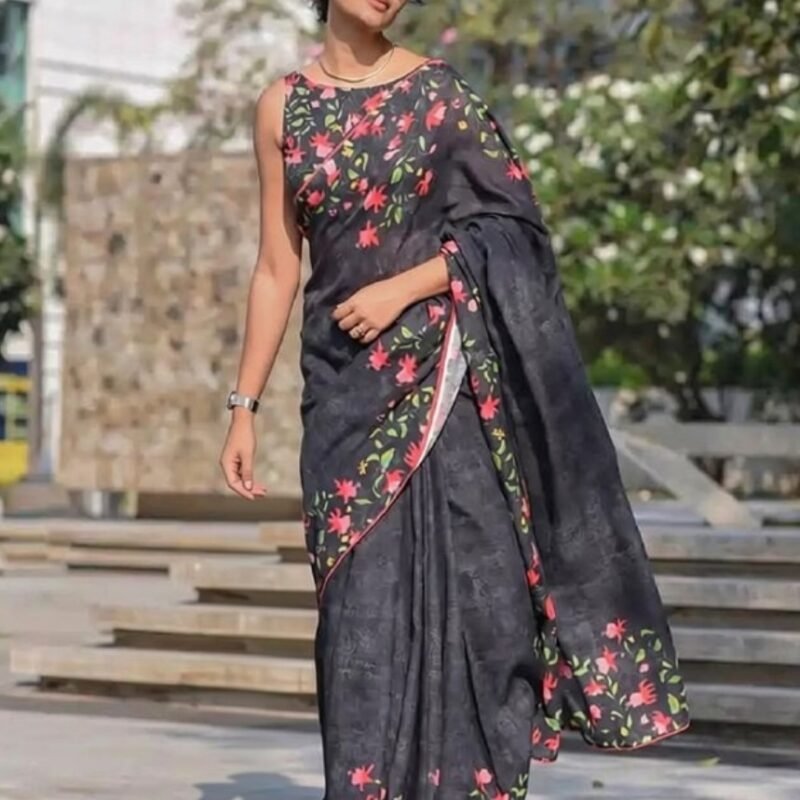 Women's Linen Floral Printed Saree With Unstitched Blouse - 5.5 Mtr (Black)