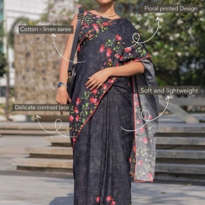 Women's Linen Floral Printed Saree With Unstitched Blouse - 5.5 Mtr (Black) - Image 3