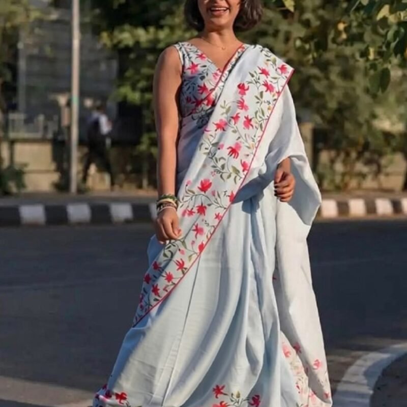 Women's Linen Floral Printed Saree With Unstitched Blouse - 5.5 Mtr (Grey)