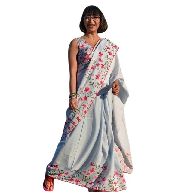 Women's Linen Floral Printed Saree With Unstitched Blouse - 5.5 Mtr (Grey) - Image 2
