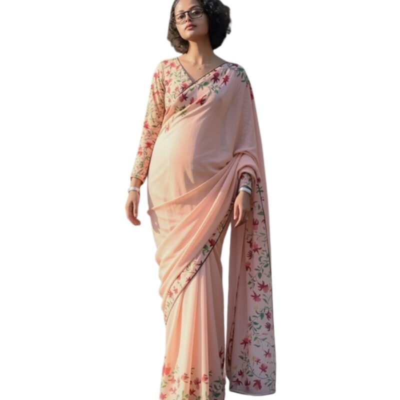Women's Linen Floral Printed Saree With Unstitched Blouse - 5.5 Mtr (Peach) - Image 2