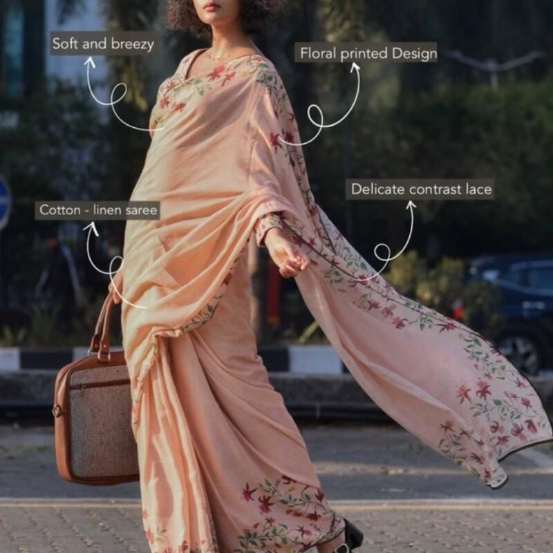 Women's Linen Floral Printed Saree With Unstitched Blouse - 5.5 Mtr (Peach) - Image 3